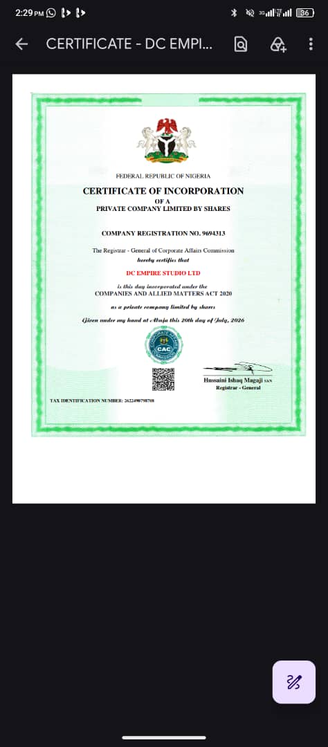 CAC Certificate of Incorporation — DC EMPIRE Studio LTD, RC 9694313